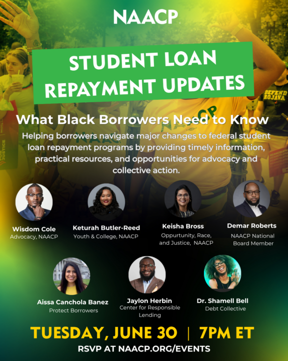 This image is a flier for the NAACP Student Loan Repayment Updates event and shows pictures of the speakers, including Debt Collective's Dr. Shamell Bell.